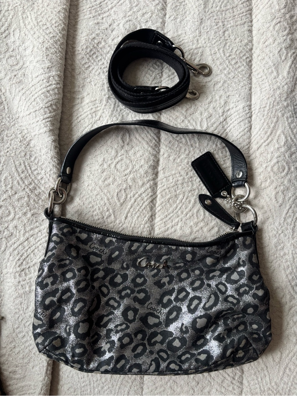 Coach Metallic Ocelot/ Leopard Print Shoulder Bag in Black and Silver